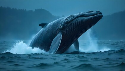 Fototapeta premium A breaching gray whale, barnacle-covered and weathered, rises from the turbulent waters of the Pacific Northwest during a storm. Rain lashes down as it leaps, and the splash is lost in the crashing