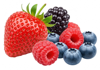 Assortment of fresh berries including strawberry, raspberry, blueberry, blackberry isolated on transparent background