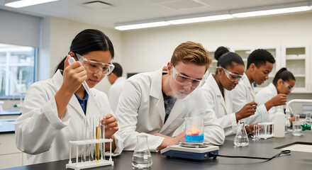 Diverse group of young students in lab coats conducting a chemistry experiment in a science classroom.