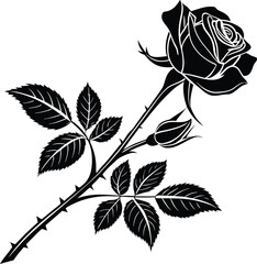 Elegant single blooming rose with stem and leaves silhouette