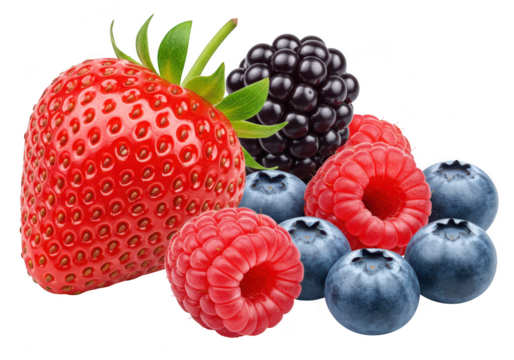 Assortment of fresh berries including strawberry, raspberry, blueberry, blackberry isolated on transparent background