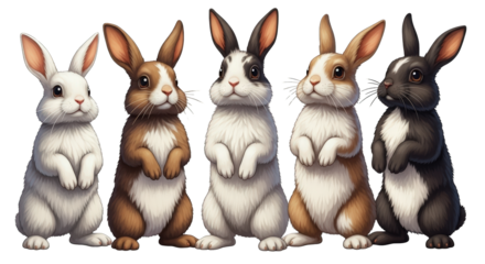 Five Adorable Bunnies Standing Together bunny rabbit cute fluffy furry animal pet mammal rodent lagomorph domestic wildlife nature illustration drawing