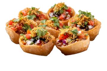 Indian street food basket chaat filled with crispy shells, spicy chickpeas, tangy chutneys, onions, tomatoes, sev, and fresh coriander, isolated on white background for culinary and snack themes

