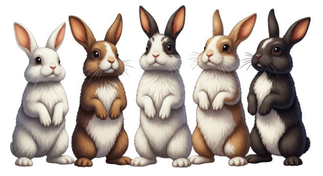 Five Adorable Bunnies Standing Together bunny rabbit cute fluffy furry animal pet mammal rodent lagomorph domestic wildlife nature illustration drawing