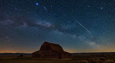 Stargazing over a rural landscape featuring a classic barn silhouette and the Milky Way painting the night sky above.