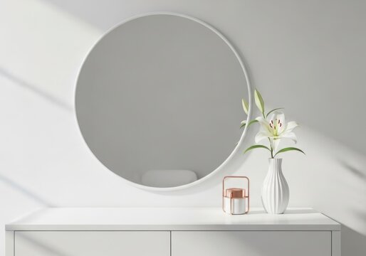 A round mirror hangs on a white wall above a white table with a flower