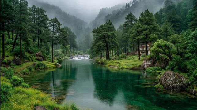 Misty mountain valley with a clear river flowing through a lush green forest, surrounded by trees and foliage under an overcast sky, showcasing the serene and wild beauty of nature