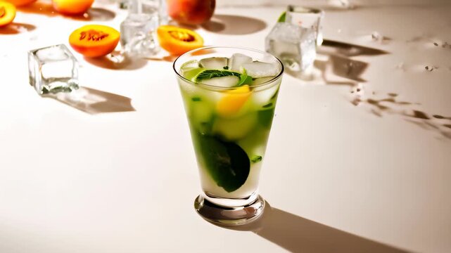 Fresh cocktail with mint leaves and fruit slices splashes and ice cubes in glass. Close-up of refreshing drink with citrus. beverages and health concept. advertisement for refreshing drink or mahito