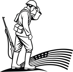 Soldier saluting with rifle on back clean helmet silhouette