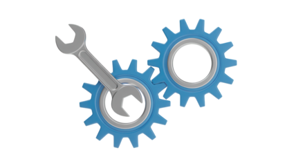 Silver wrench turns blue gears, representing engineering solutions, innovative mechanical processes, and industrial equipment maintenance for streamlined workflow