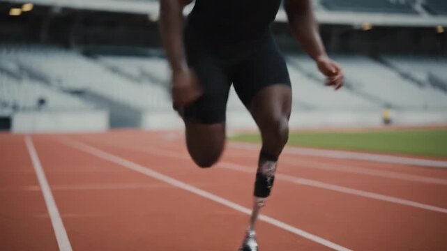 Paralympic Sprinter on Track - Close-up shot of an athlete with a prosthetic leg sprinting on a red running track. The background is blurred, showing a stadium.