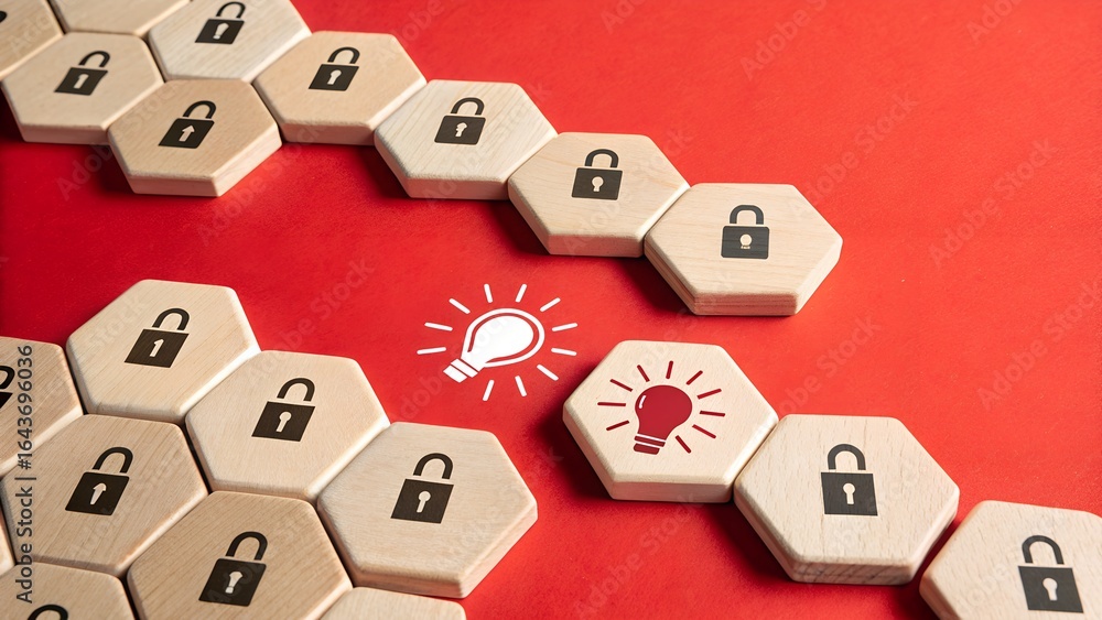 Poster idea amid constraints – innovation, problem solving, security concept, abstract, hexagonal wooden ti