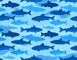 A repeating pattern of blue fish swimming in a light blue watery background