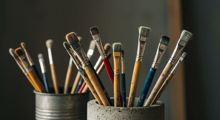 Close-up of various paintbrushes in holders, showcasing artistic tools and creative supplies, art studio scene, focused on the brushes' tips and handles