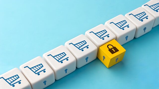 E-commerce Security – Online Shopping Protection, Cybersecurity Concept, Abstract, Yellow Padlock Cube, White Shopping Cart Icons