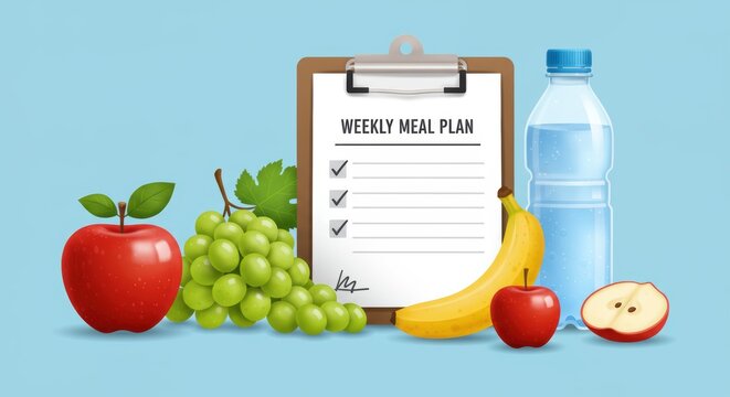 Healthy lifestyle with a weekly meal plan including fresh fruits and water bottle for diet eating and wellbeing