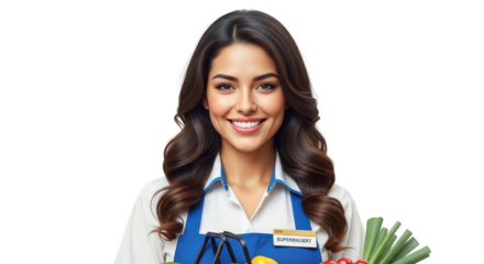 Friendly smiling woman grocery store employee with produce supermarket vegetables shopping basket cheerful customer service retail healthy food fresh organic