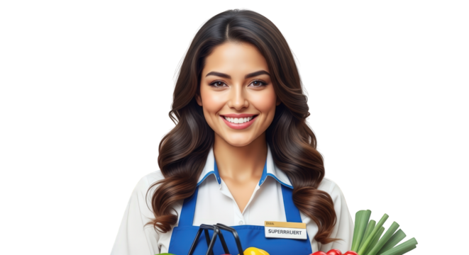 Friendly smiling woman grocery store employee with produce supermarket vegetables shopping basket cheerful customer service retail healthy food fresh organic