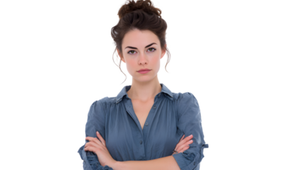 Portrait of a woman with arms crossed wearing a blue shirt and a serious expression on her face