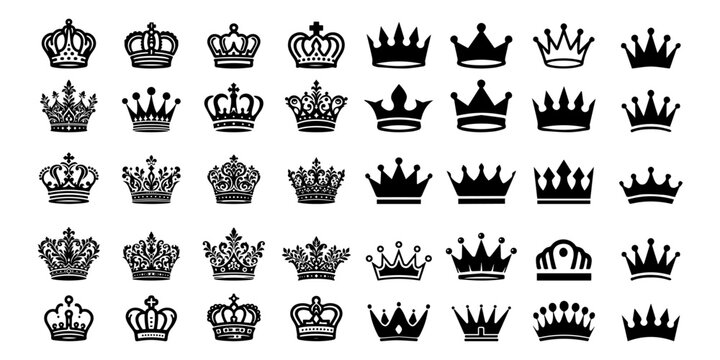 Big collection quality black crowns. Crown icon set illustration. Gold crown silhouette. Crown vector collection, royal luxury symbols. Crown icon set. leadership award, victory symbol