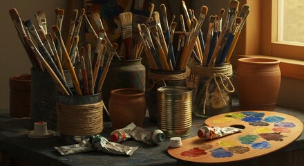 Still Life of Artist's Workspace: Paint Brushes, Palette, and Tubes of Paint on a Wooden Table, Artistic Tools and Creative Workspace