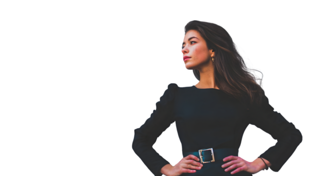 A woman in a black dress with hands on hips looking to the side against a black background outside shot