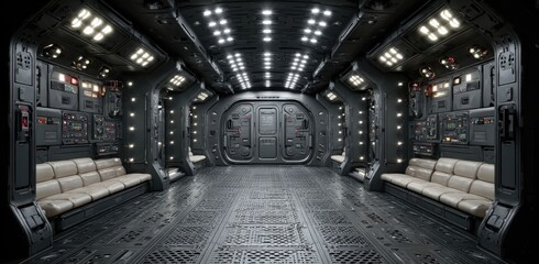 Dark, futuristic corridor with beige seating and control panels. Interior of a spaceship or other spacecraft. Metallic walls and floor. Ambient lighting