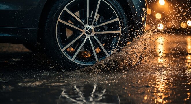 Car tire splashes through a puddle on a wet road at night, creating a dramatic and dynamic visual effect.