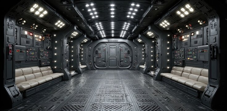 Dark, futuristic corridor with beige seating and control panels.  Interior of a spaceship or other spacecraft.  Metallic walls and floor.  Ambient lighting
