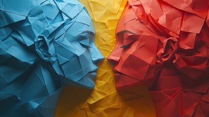 Crumpled paper faces in red and blue on yellow evoking dialogue duality vivid contrast and symbolic emotional artistic tension