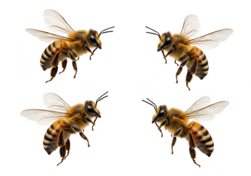 Four honeybees flying in different directions isolated on transparent background
