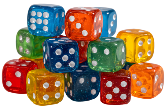Pile of colorful transparent dice with white dots, assorted in red, blue, green, yellow, and orange, isolated on white background for gaming, board games, and entertainment concepts

