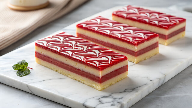 Traditional kueh lapis dessert with red and white frosting patterns on marble plate.