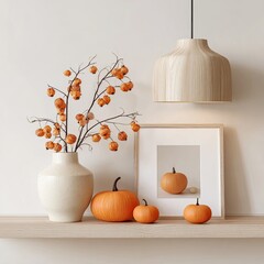 Autumnal decor on a wooden shelf.  A light beige vase holds dried orange berries on branches.  Small pumpkins and a framed print of a pumpkin sit beside it, beneath a light brown pendant lamp