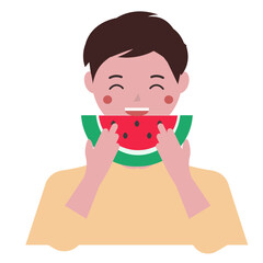 スイカをかじる男性。スイカを食べる。ベクターイラスト