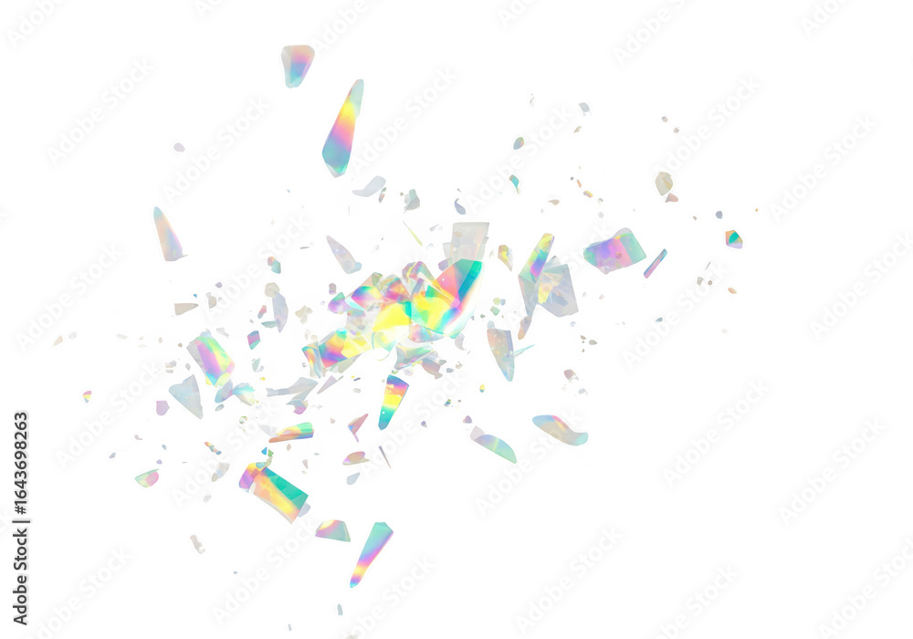 Poster scattered colorful crystal fragments exploding isolated on transparent background