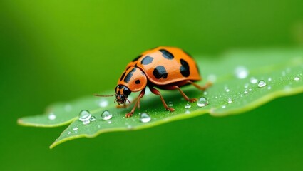 Fototapeta premium Close up of a ladybug with black spots on a green leaf with water droplets