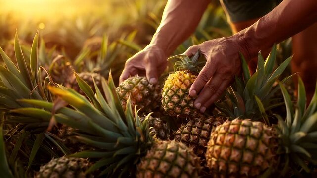 A closeup shot of a pineapple field during the golden hour, with the sun casting a warm, golden hue over the scene. The pineapple is the main subject.