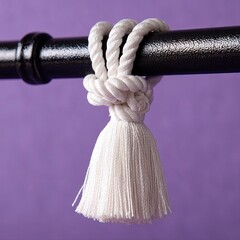 White rope tassel knot on dark metal rod