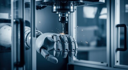 Specialized milling machine carving textured grip surfaces on prosthetic fingers for robotic limb functionality.