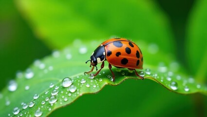 Fototapeta premium Close up of a ladybug on a dew covered green leaf in soft focus