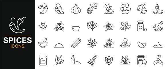 Set of Cooking Spice Icons Including Garlic, Chili, and Herb Containers