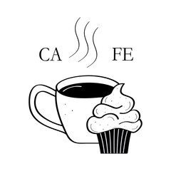 A cup of hot coffee and cupcake doodle icon. Cafe logo design concept. Vector illustration on a white background.