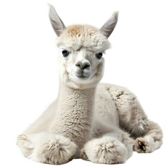 Fototapeta premium A serene white alpaca resting comfortably on a soft surface, with a blurred natural background