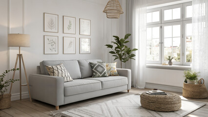Obraz premium Minimalist Scandinavian living room with gray sofa and decorative pillows, bathed in soft natural light.