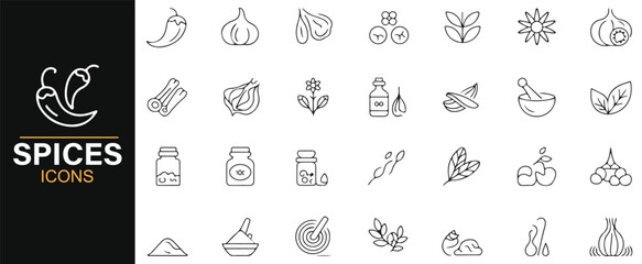 Minimalist Icons of Herbs, Spices, and Jars for Kitchen and Cooking
