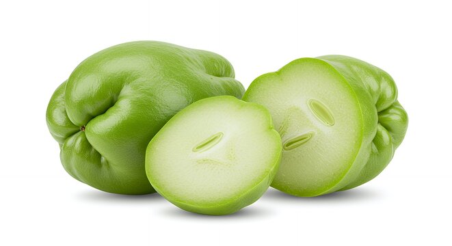 Fresh vibrant chayote squash halves and whole revealing crisp texture and unique organic shape perfect for healthy eating inspiration