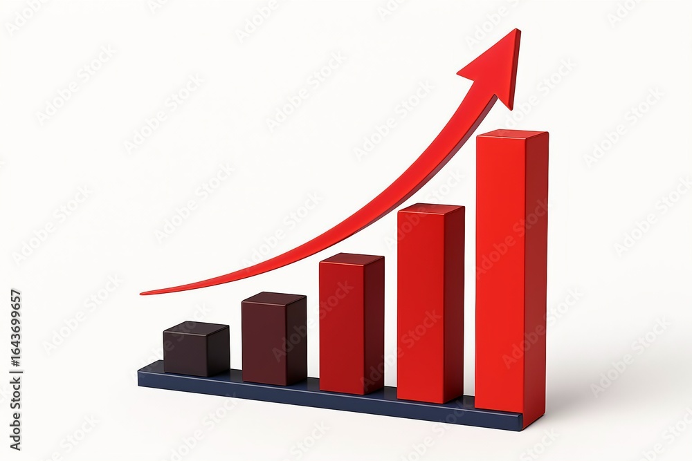 Poster red arrow graph showing upward trend and growth with bar chart