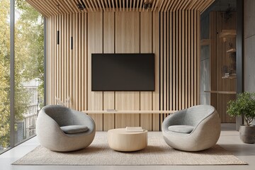 Modern minimalist living room with large TV and comfortable seating