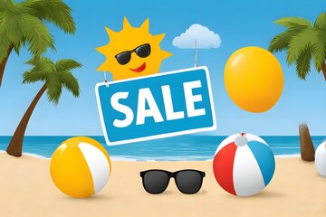 Beach with palm trees and a sale sign with a smiling sun